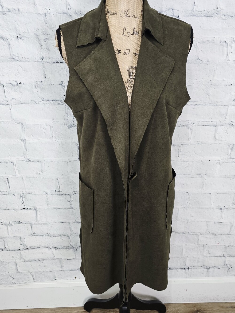 Solitaire vest top Sz XL faux suede trench olive green pockets A1